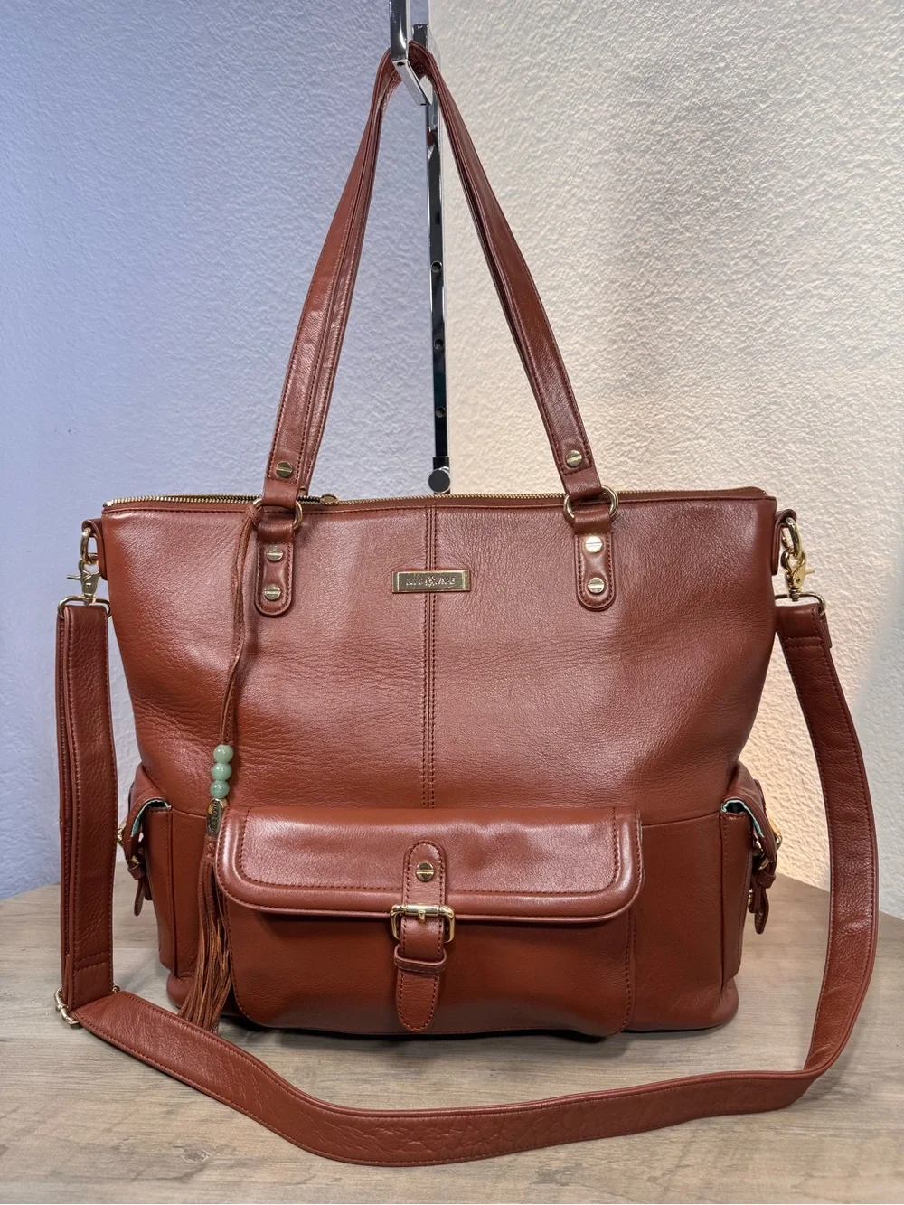 Lily Jade Madeline Full Grain Leather Convertible Tote Backpack Brandy Brown